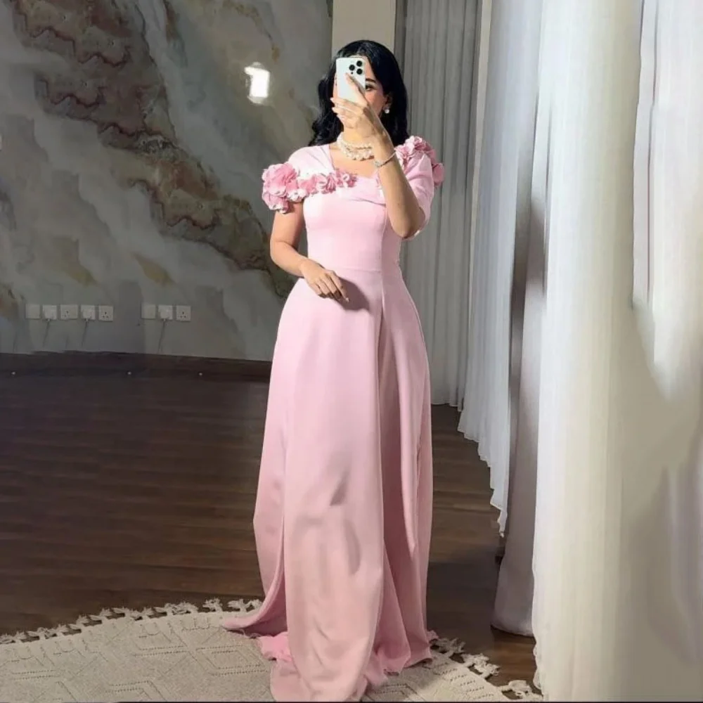 

Customized Evening Dress Gorgeous Satin Prom Dresses Flower Applique Formal Occasion Shining Short Sleeve Party Gown Robe Soiree