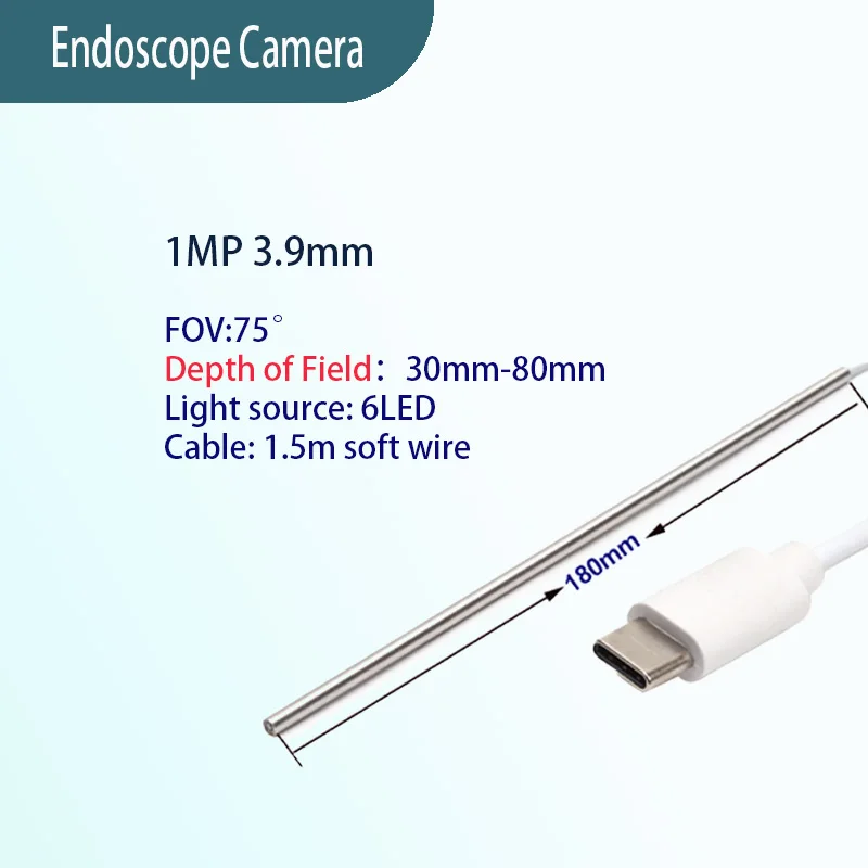 

1 МП 3,9 мм 75 ° Промышленный эндоскоп Camara для ремонта автомобилей 1,5 м Тип-C Мягкий провод HD эндоскоп