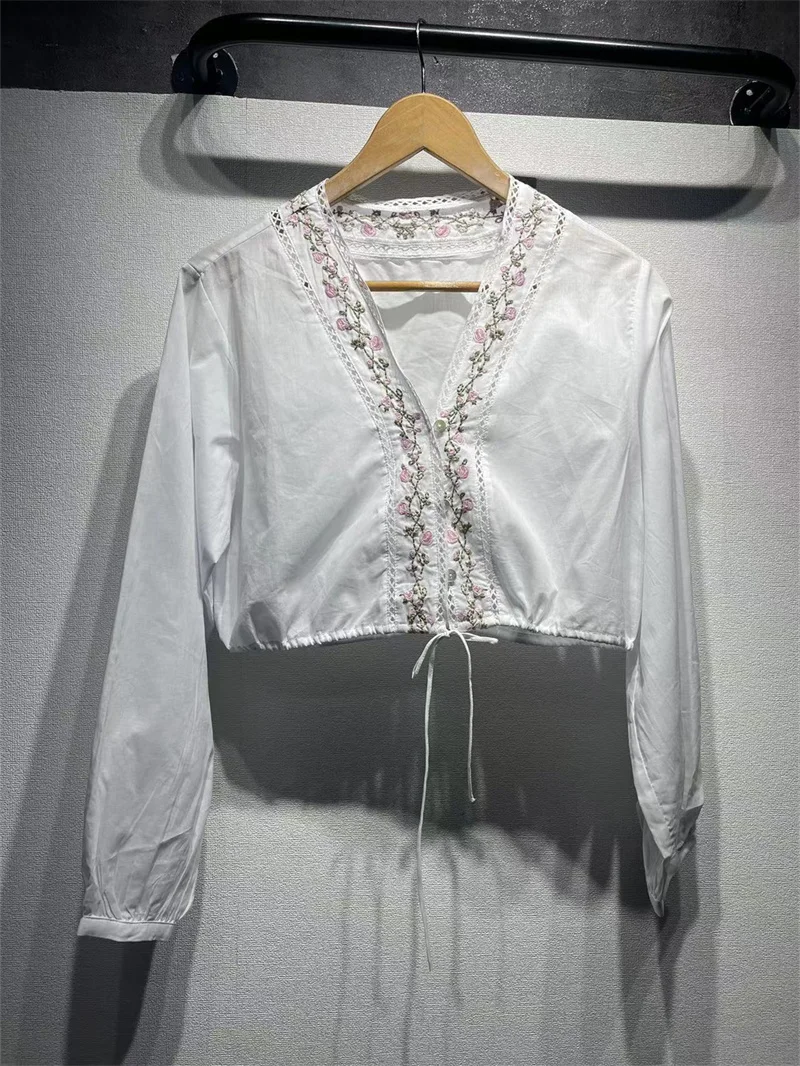 Ladies Lace-Up High Waist Long Sleeve Short Blouse Women's Flower Embroidery Hollow Trim V-Neck Shirt 2024 New Summer