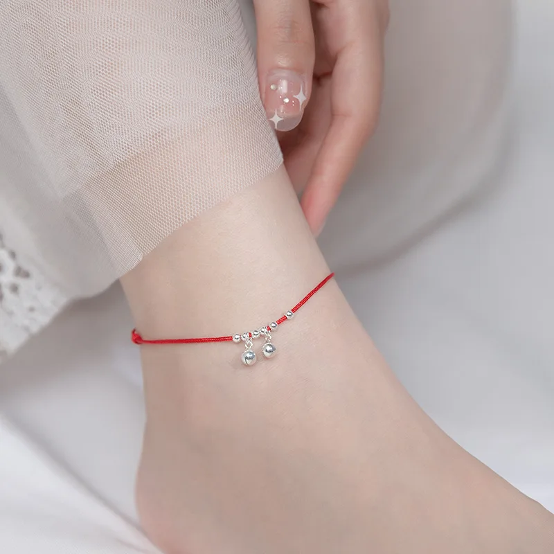 S925 فضة أجراس خلخال مجوهرات للقدم للنساء بيرفوت شاطئ محظوظ اليدوية الأحمر الأسود الحبل سلسلة الخلخال مجوهرات