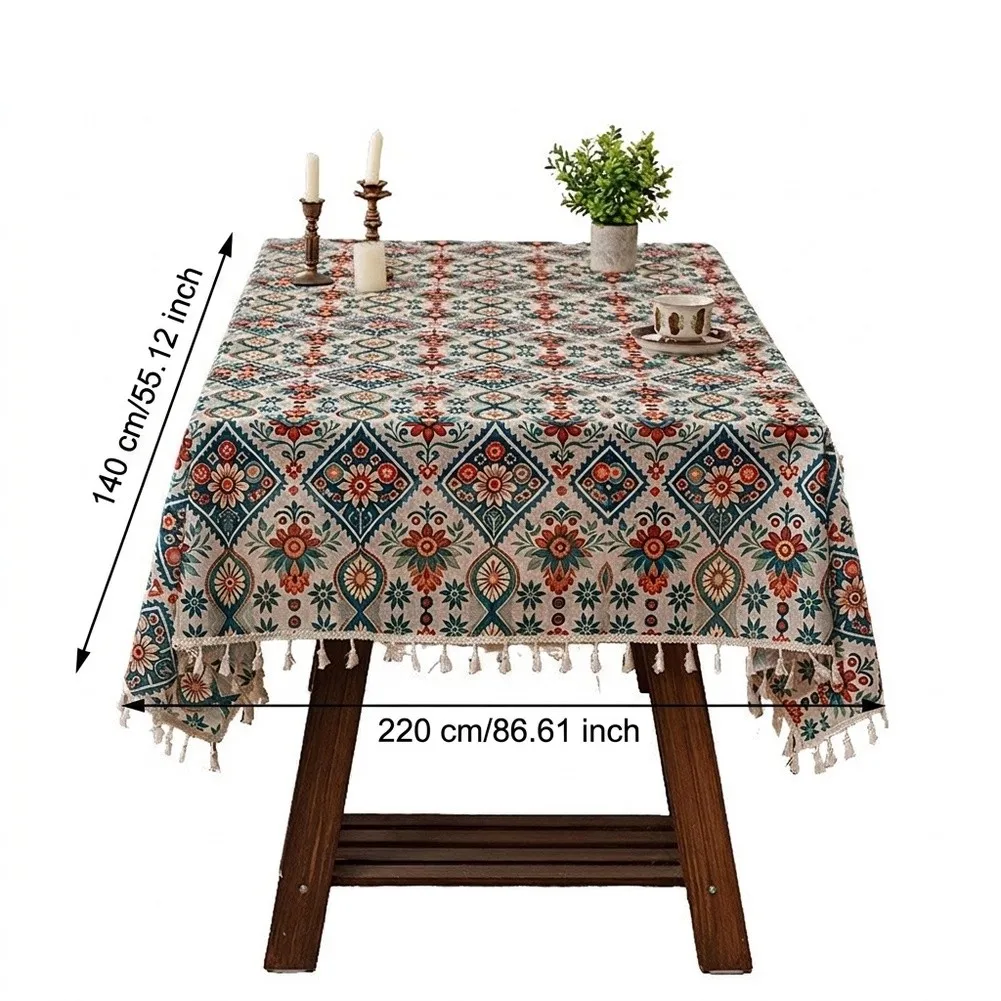 Bohemian Table Cover with Floral Diamond and Geometric Patterns in Polyester Fabric and Tassel Hem for Indoor Use