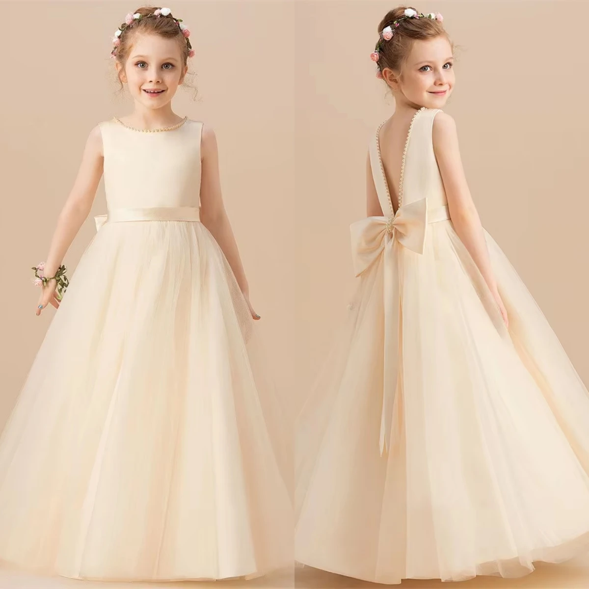 

Lovely Champagne Flower Girl Dress Sleeveless Tulle Fluffy With Beads Bow Belt For Evening Ball Party Wedding Birthday Gowns