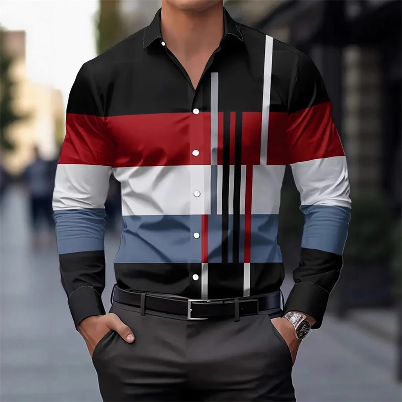 

Мужская полосатая лоскутная рубашка с длинными рукавами и цветными блоками, облегающая рубашка с уникальным геометрическим узором, стильный мужской топ, XS-6XL.