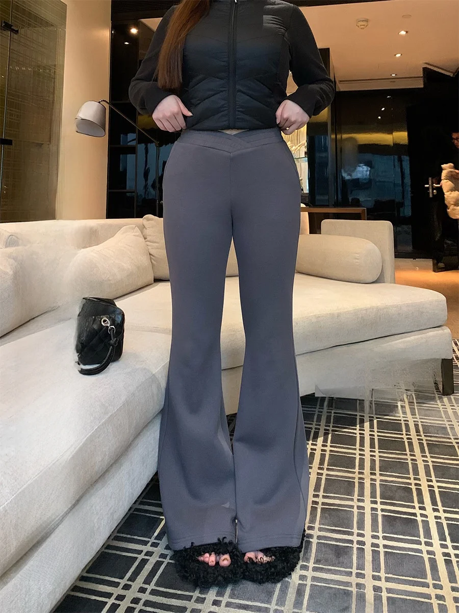 

Annie повседневные брюки с v-образным вырезом и свободной талией, расклешенные ноги на подкладке, женские брюки больших размеров для похудения из молочной кожи, повседневная одежда