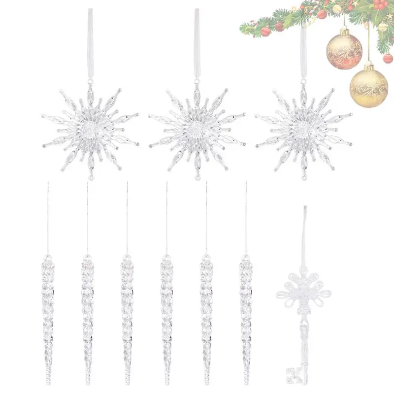 Acrylic Christmas Snowflake 10 Pieces Hangable Acrylic Icicle Window Pendant Seasonal Party Decorations For Front Door Living