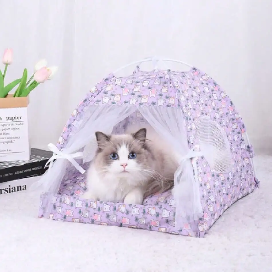 

Cat Bed Indoor Outdoor Bow Ribbon Lace Mesh Breathable Windows Door Curtains Removable Portable Pet Nest Teepe (M