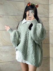 Zoki Korean Oversize Green Sweaters Women Vintage Lazy Wind V Neck Cute Knitted Pullovers Fall Casual Loose Long Sleeve Jumpers