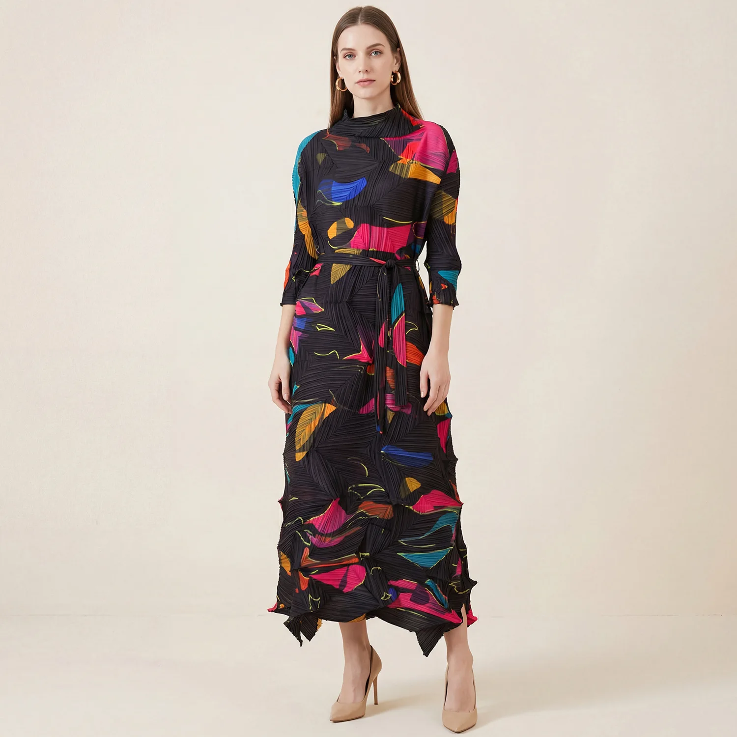 Miyake geplooid 2026 lente en zomer nieuwe mode damesontwerp onregelmatig gevoel voor casual geplooide print stropdas jurken geplooid