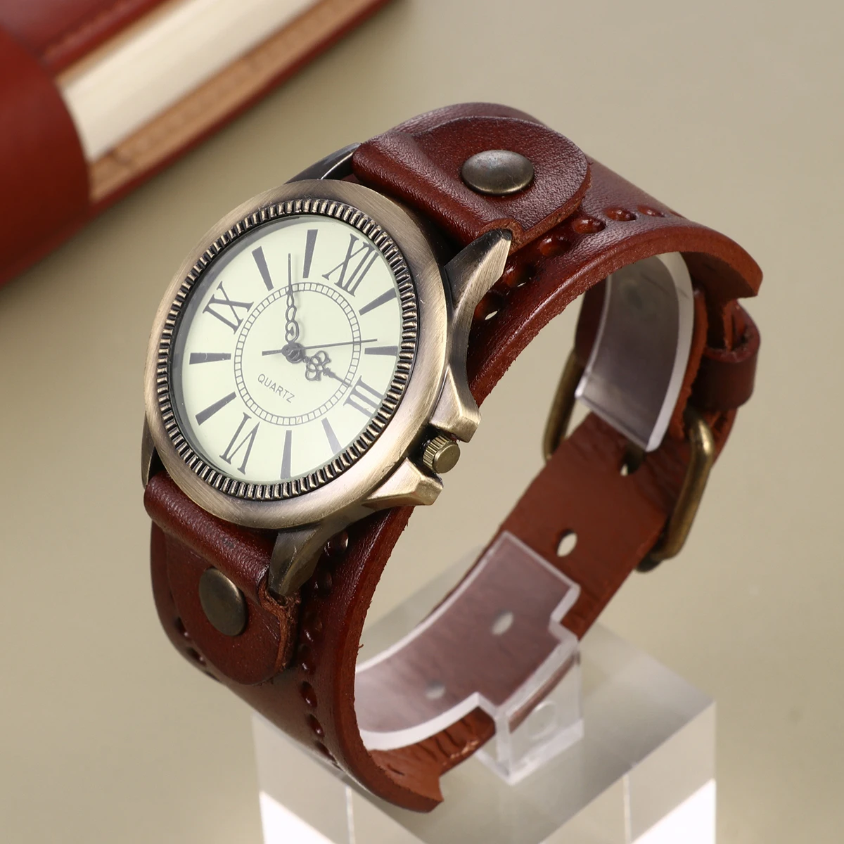 

Genuine Cowhide Retro Roman Dial Quartz Wristwatch Women'S Band Bracelet Watch Elegant Timepiece Birthday Gift For Lady