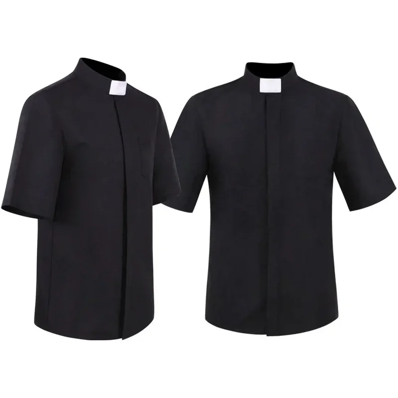 Priest Shirt Pastor cosplay costume  Men Medieval Clergy Catholic Church Minister Preacher Short Sleeve Tops Roman Blouse