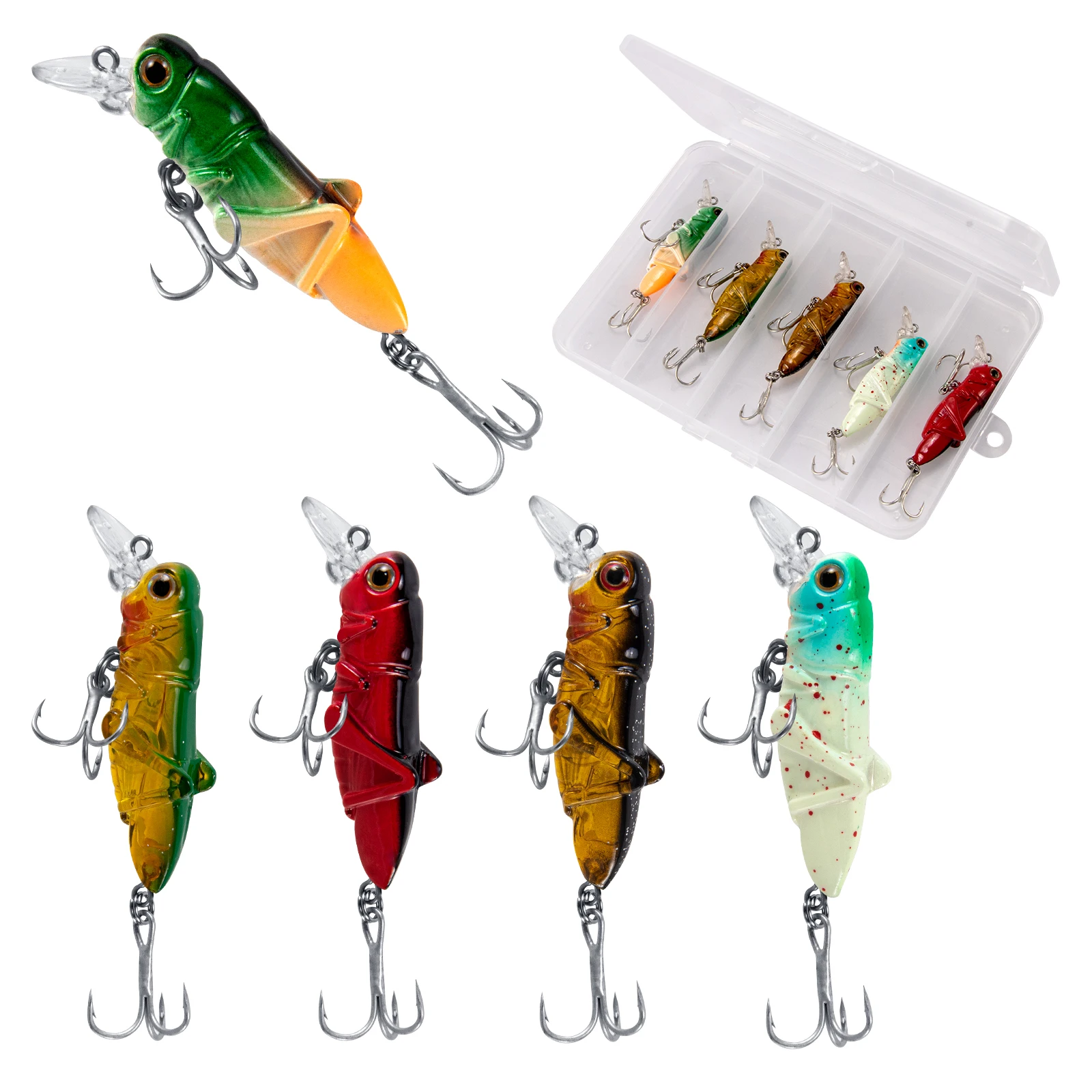 5pcs/box Topwater Crankbait Fishing Lure Grasshopper 4g 4.5g 10g Hard Baits Bass Lure Freshwater Ball inside Double Treble Hooks