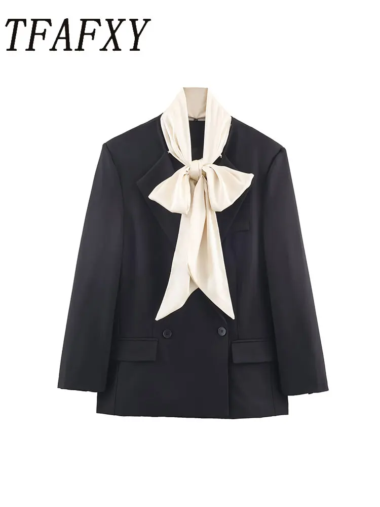 

TFAFXY Spring Autumn Women's Suit Jackets New Fashion Solid Color Scarf Collar Suit Jacket Female High Street Elegant New Coats