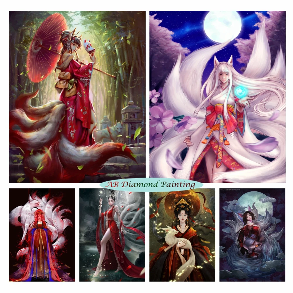 

Kitsune 5D AB Drills Diamond Art Painting Fantasy Ancient Gumiho Nine Tailed Fox Anime Embroidery Cross Stitch Kit Home Decor