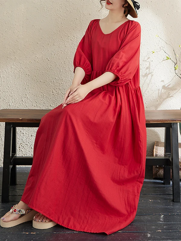 Red Double Layered Loose Fit Lantern Sve round Ne Dr Casual Sle a Line Long Dr Cotton Polyester Blend Moisture W...