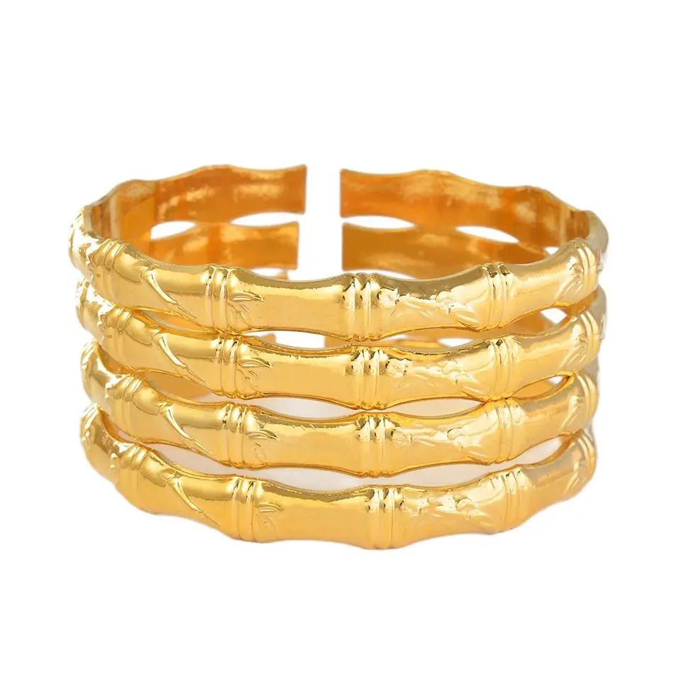 Anniyo 4 Piece/Lot Bamboo Bangle Women Arab Dubai Bracelet Gold Color Jewelry Wholesale African Micronesia Accessories #000936