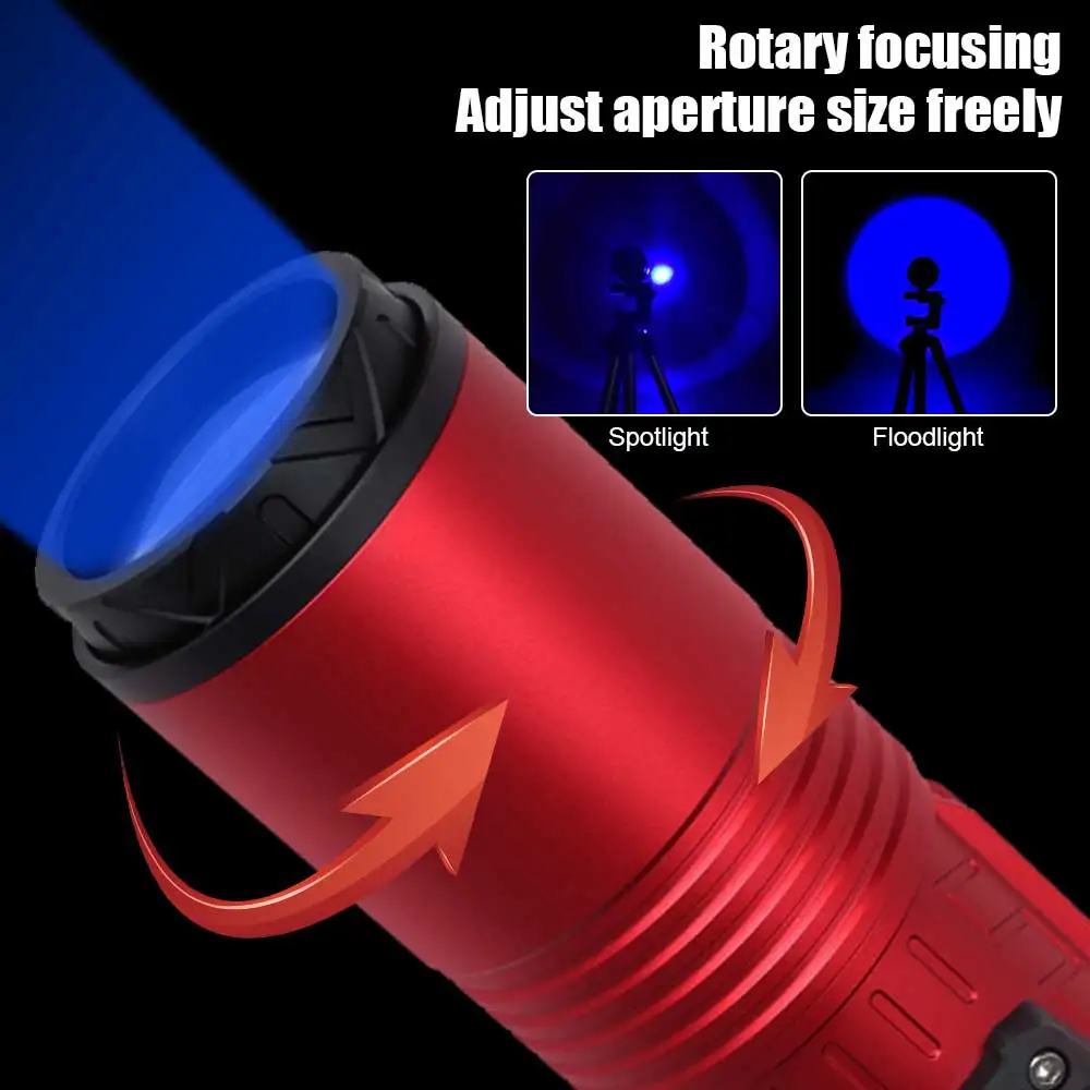 30W Super Bright Zoom Night Fishing Flashlight Torch 5Light Sources Blue/UV/White/Yellow/Red Searchlight Zoomable Flashlight