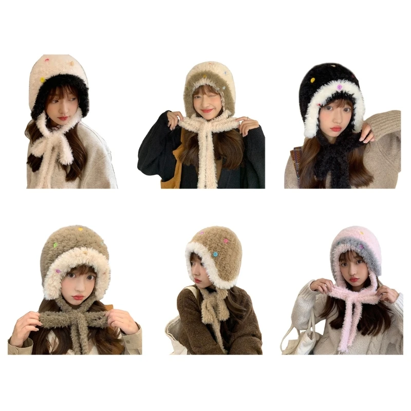 

Lovely Button Earmuff Beanie Hat Women Winter Furry Plush Ear Protective Hat Y2K Girls Outdoor Cold Weather Windproof Warm Cap