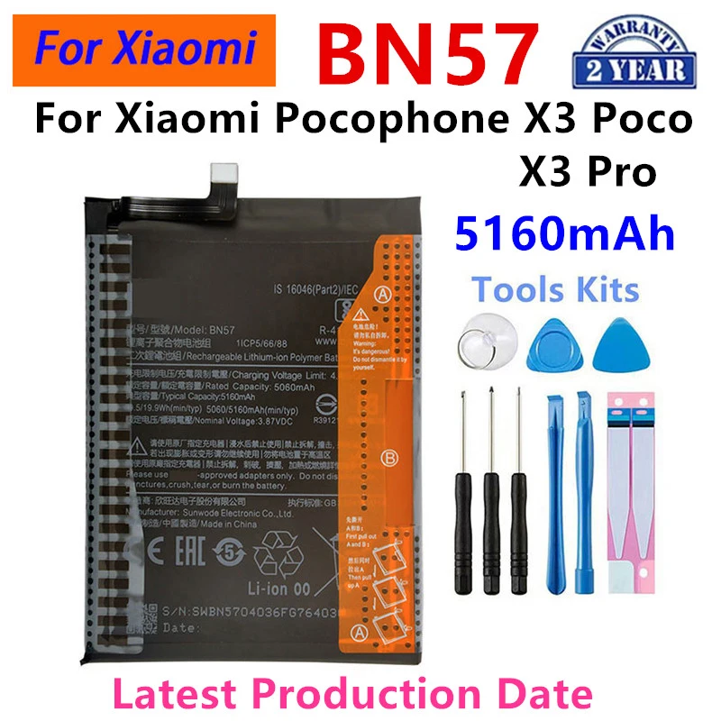 Совершенно новый аккумулятор BN57 5160 мАч для Xiaomi Pocophone X3 Poco/X3 Pro, сменные аккумуляторы для телефона + инструменты