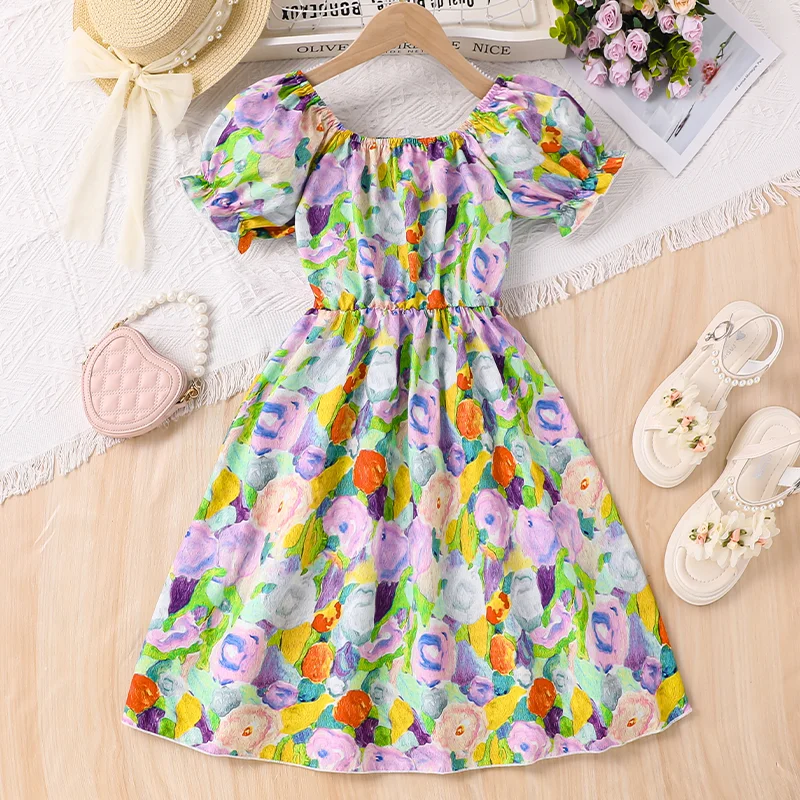 

2025 Summer European and American Style Girls' Short-Sleeved Dresses for Mid to Large Kids