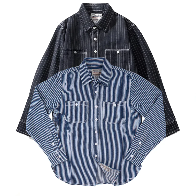 

Мужская джинсовая рубашка в сине-белую полоску с длинным рукавом, классический воротник на пуговицах с нагрудными карманами, повседневная винтажная рабочая одежда