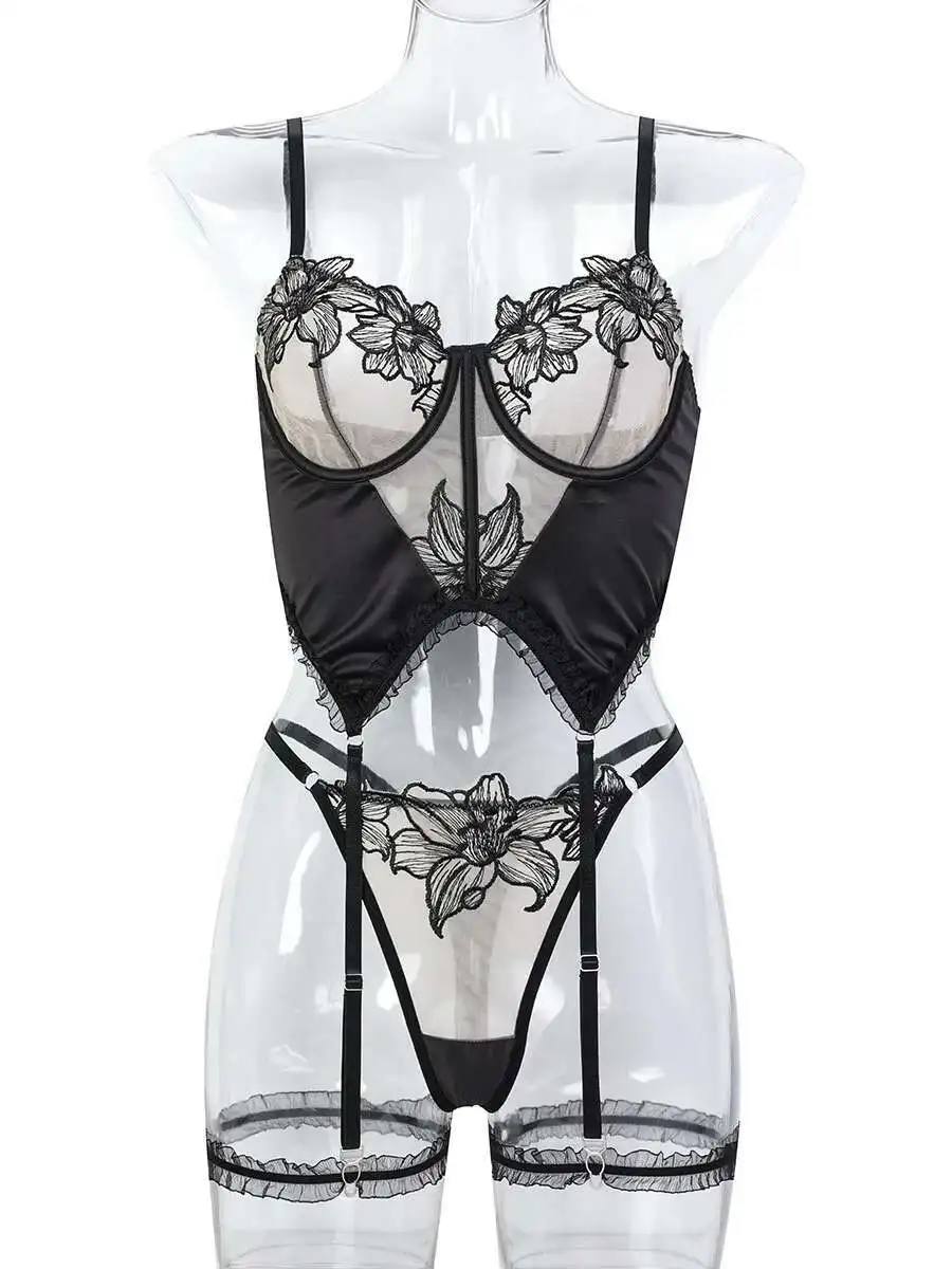 Sexy Charmante Geborduurde Bloemen Body Transparante Backless Diepe V Bretels Mouwloze Body Pure Desire Elegante LODC