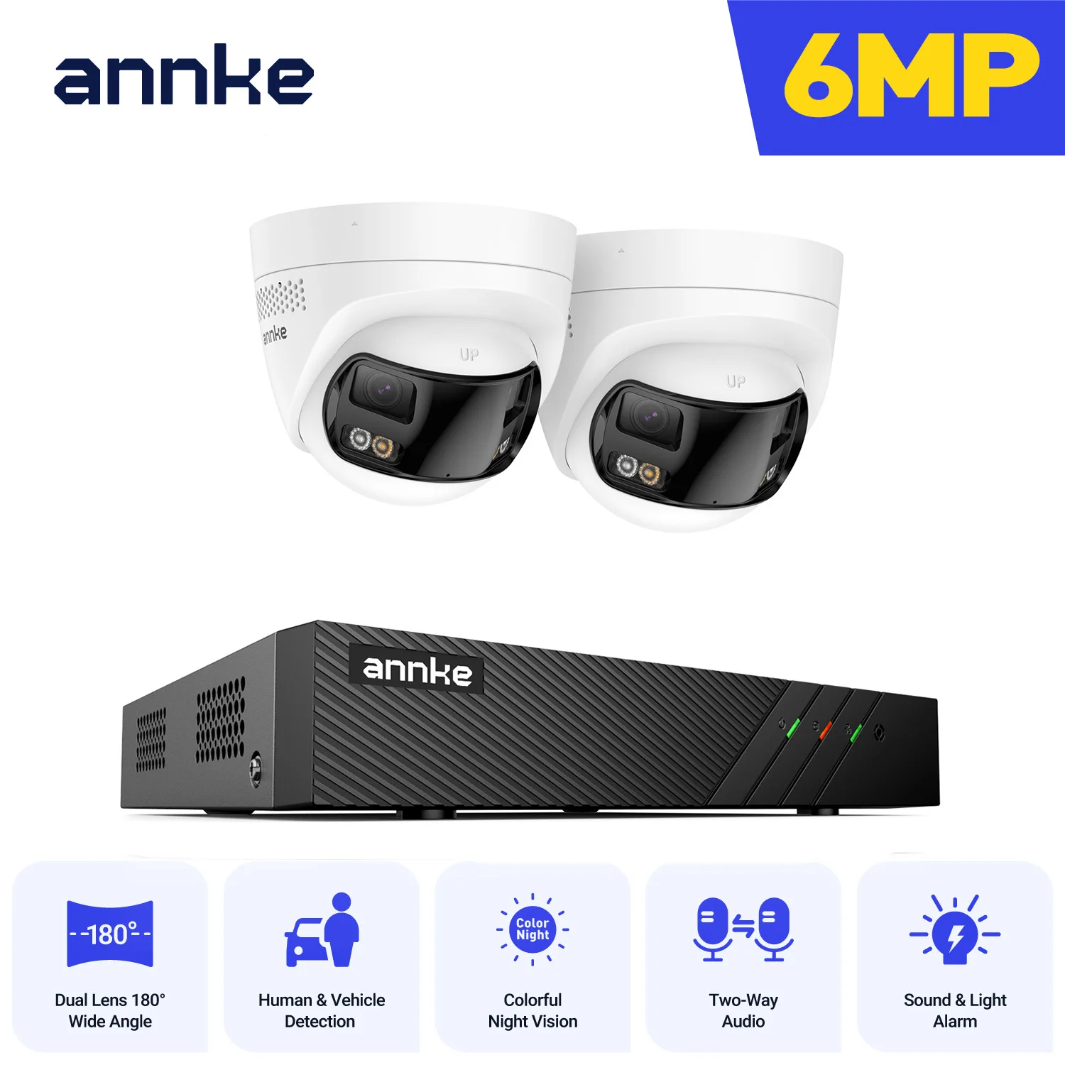 ANNKE 6MP Ultra HD POE Video Surveillance System With 2/4pcs 180° Dual Lens POE IP Cameras Two Way Audio POE Kit IP67