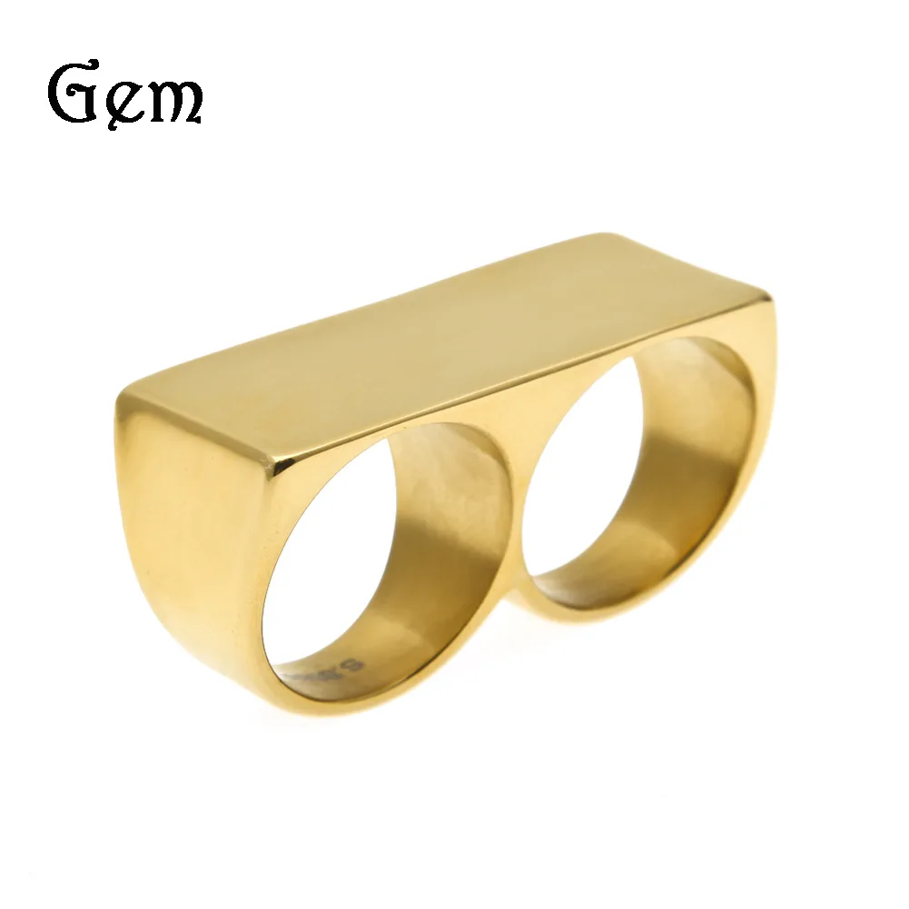 

Hip Hop Personalized dual finger stainless steel ring for Mens retro punk vacuum plated gold Male ring