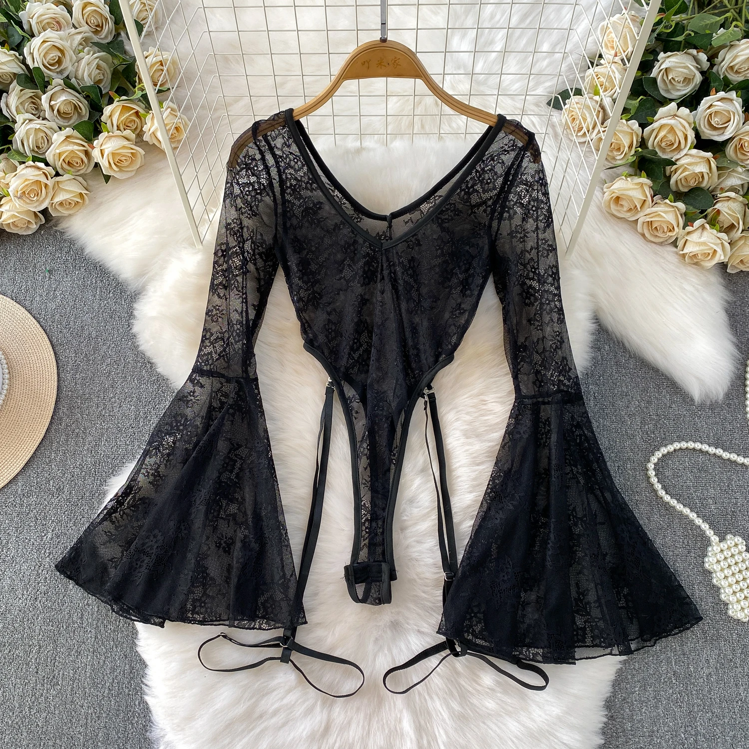 Hotsweet Vintage V-neck Elegant Sleeveless flare sleeve Bodysuits Slim Top French Streetwear High Street Clothing
