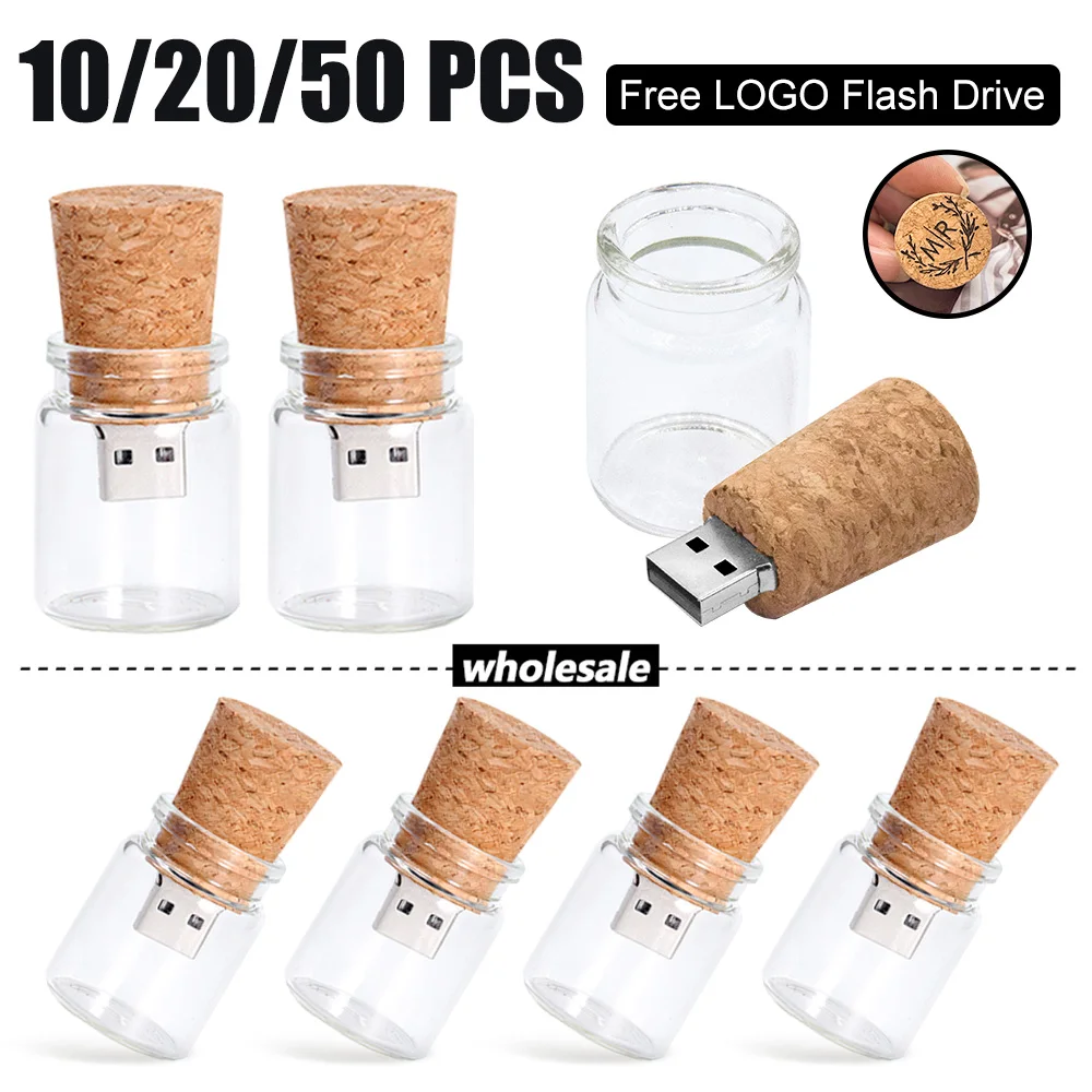 10/20/50PCS/LOT Free LOGO Glass Bottle USB2.0 Flash Drive 4G 8G 16GB 32GB High Pen Drives Photography Gifts Memory Stick U Disk