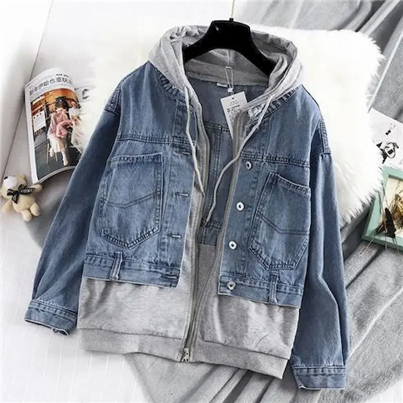 Patchwork Fake Two-piece Hoodies Women Spring Autumn Trend Hooded Denim Jacket Fashion Fried Street Loose Zip Up Cardigan Hoodie