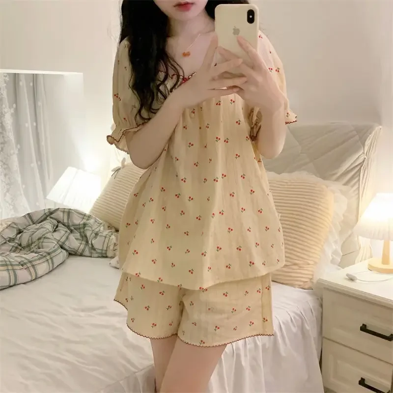 Cherry Women Pajama Sets Korean Sleepwear Piiama Sets 2 Pieces Ruffle Night Wears Short Sleeve Pyjamas Summer Home Suit 2024 New