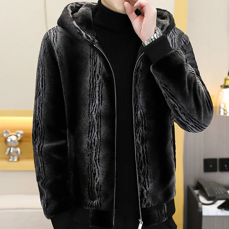 Jacket Faux Leather Men Winter Jacke Men Imitation Fur Trend Veste Fourrure Homme Stripe Contrast Color MenCoat Veste Cuir Homme