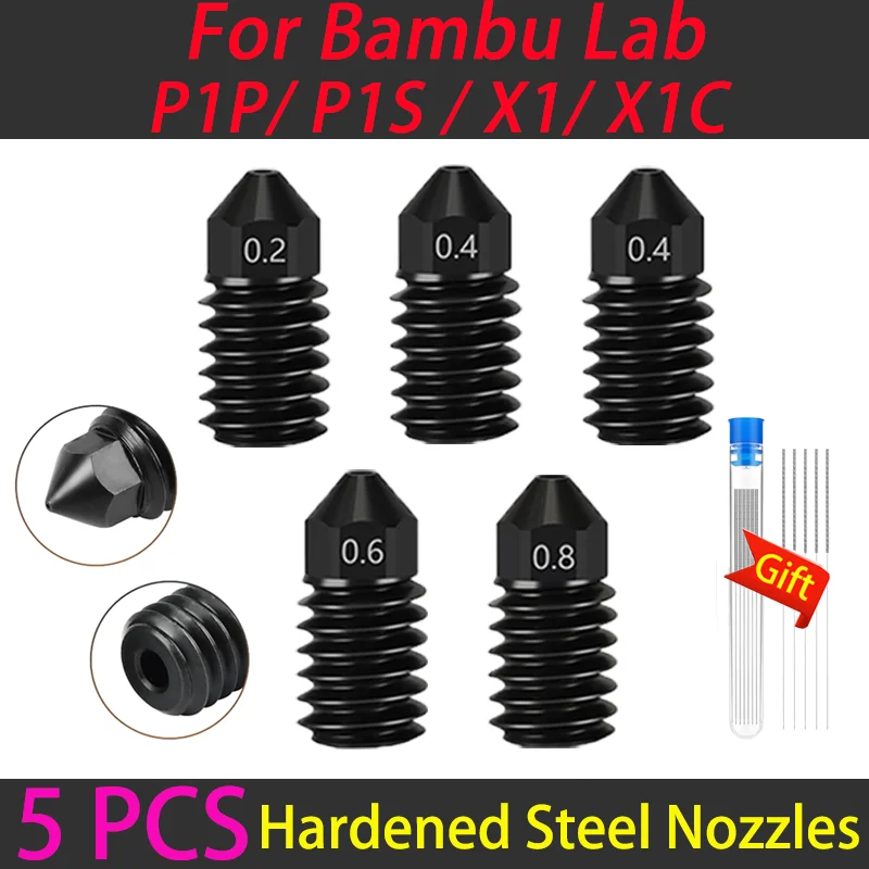 

Hardened Steel Nozzles for Bamboo Lab P1P/P1S/X1/X1C 0.2 0.4 0.6 0.8mm Nozzles 5pcs High Flow Wear Resistant Nozzles