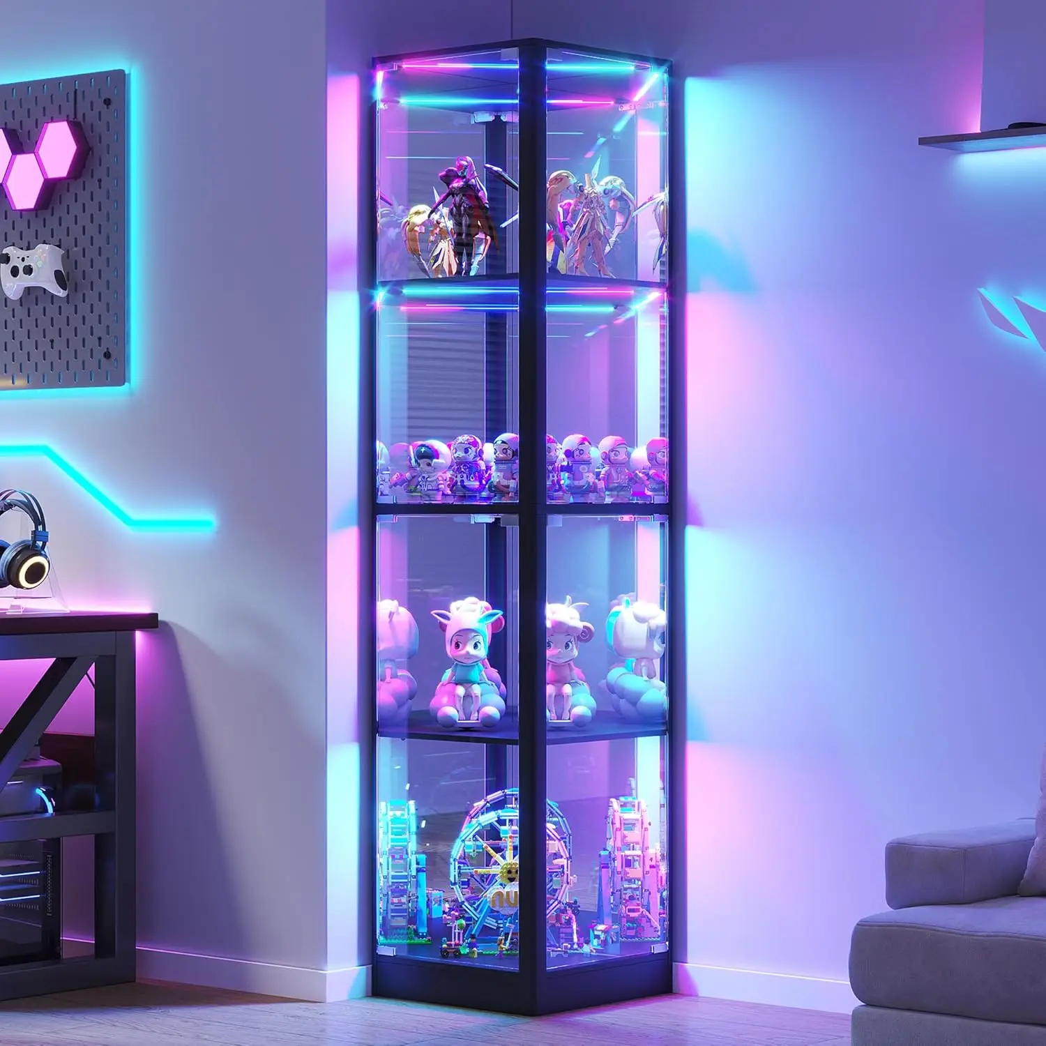 

Витрина из стекла 68 дюймов с RGB LED-подсветкой, 4-уровневые полки для коллекционных предметов, игрушек, книг, черная