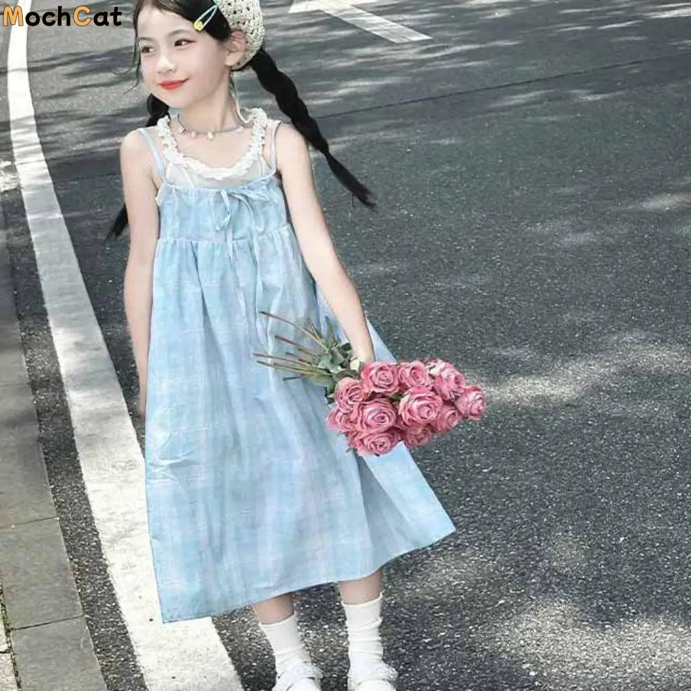 

Elegant Loose Girls Princess Grid Dress Teenagers Party Summer Kids Dresses Sweet Beach Vacation Children Sling Dress Holiday
