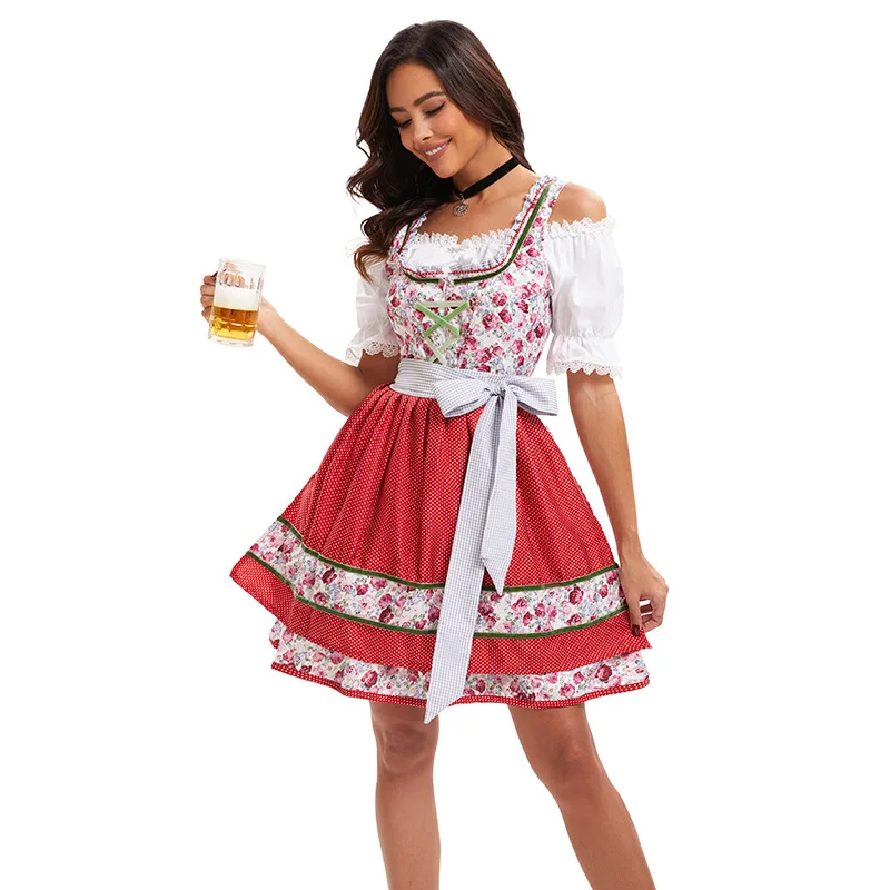 Bavarian Maid Costumes for Women Oktoberfest Dress Stage Performance Costume Halloweeen Red Beer Blouse+Skirt+Apron+Ribbon