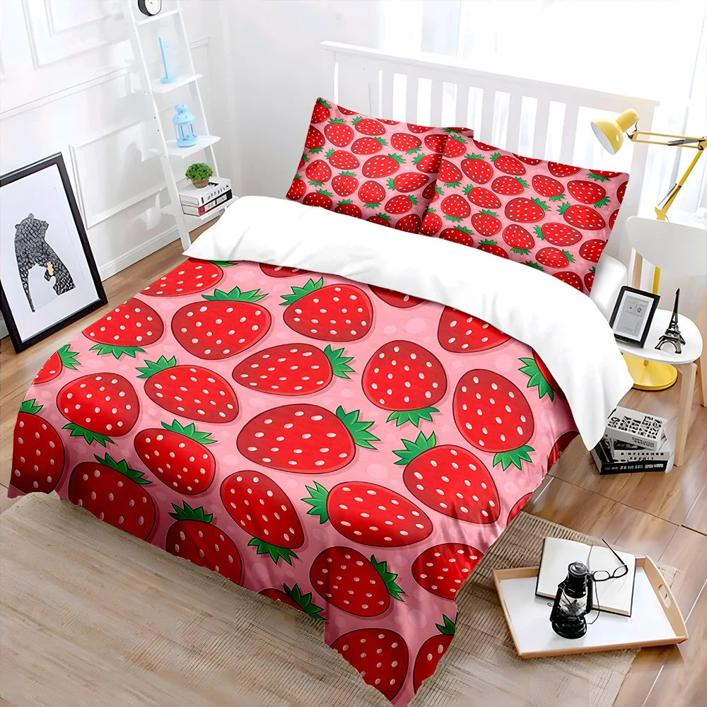 Cartoon strawberries pattern Bedding Set for Kids Luxury Gift 3pcs Digital Print Comforter Set Soft Comfortable Breathable