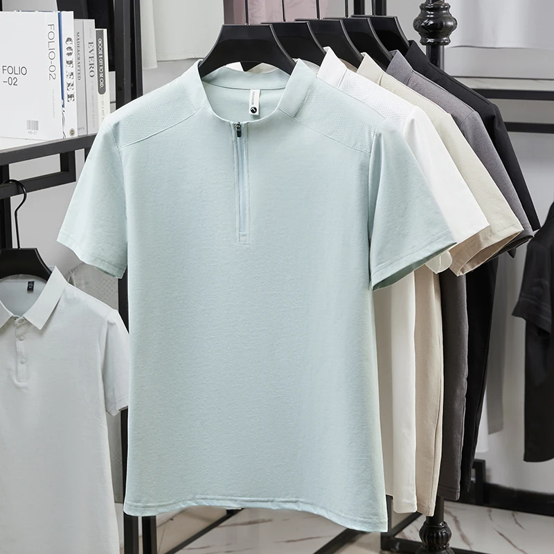 Herren Kurzarm-Poloshirts mit Halbem Reißverschluss und Stehkragen Lässige Sommer-Oberteile Leichte Atmungsaktive Hemden für Männer – Detail 18