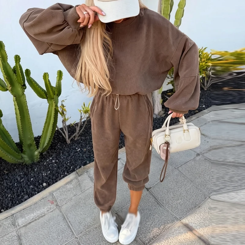Simple Solid Loose Outdoor Sports Suits Autumn Casual Long Sleeved Commute Outfit Comfortable O-Neck Patchwork Top&Pants 2pc Set