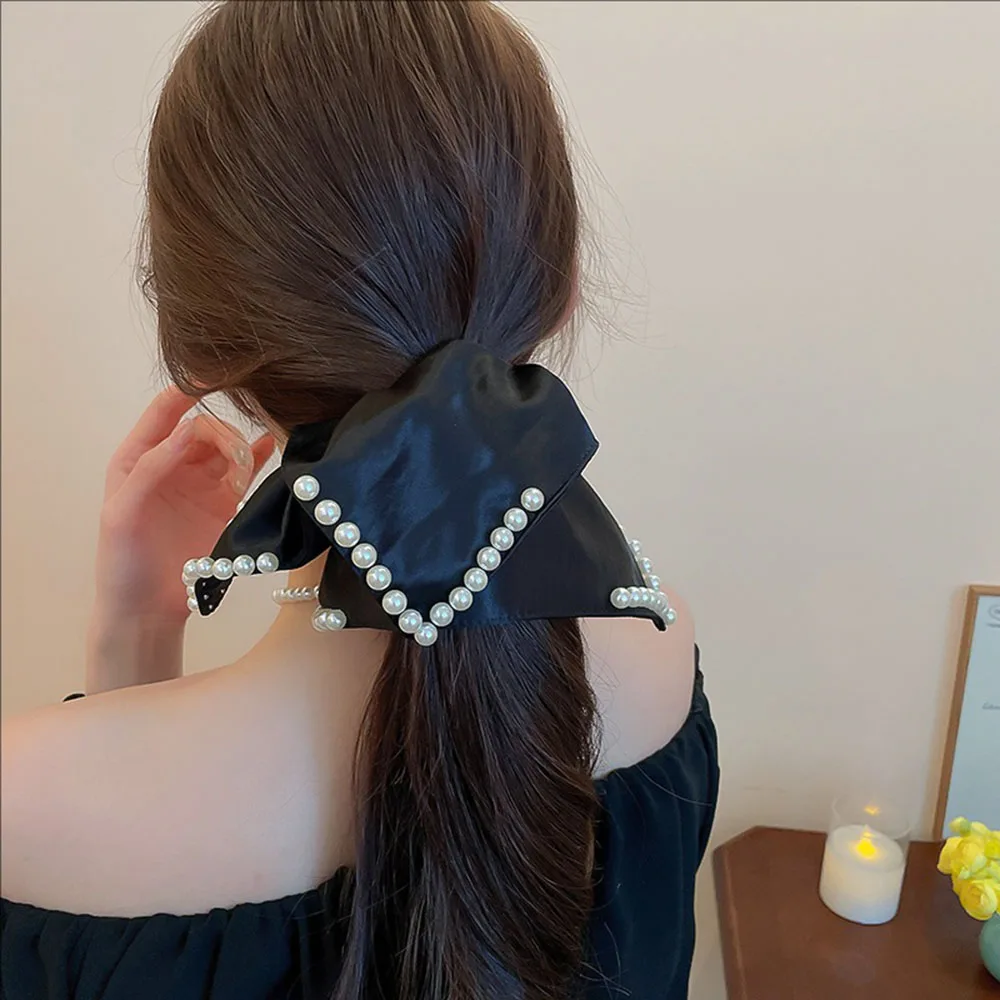 Ikat Rambut Persegi Mutiara Kain Elegan Prancis, Aksesoris Rambut Wanita Mewah dan Modis