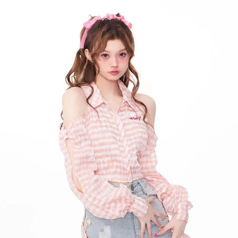 2000s Harajuku Japanese Sweet Bow Shirt Kawaii Plaid Fashion Y2k E-Girl Blouse Casual Cute Crop Tops Woman 2024 New