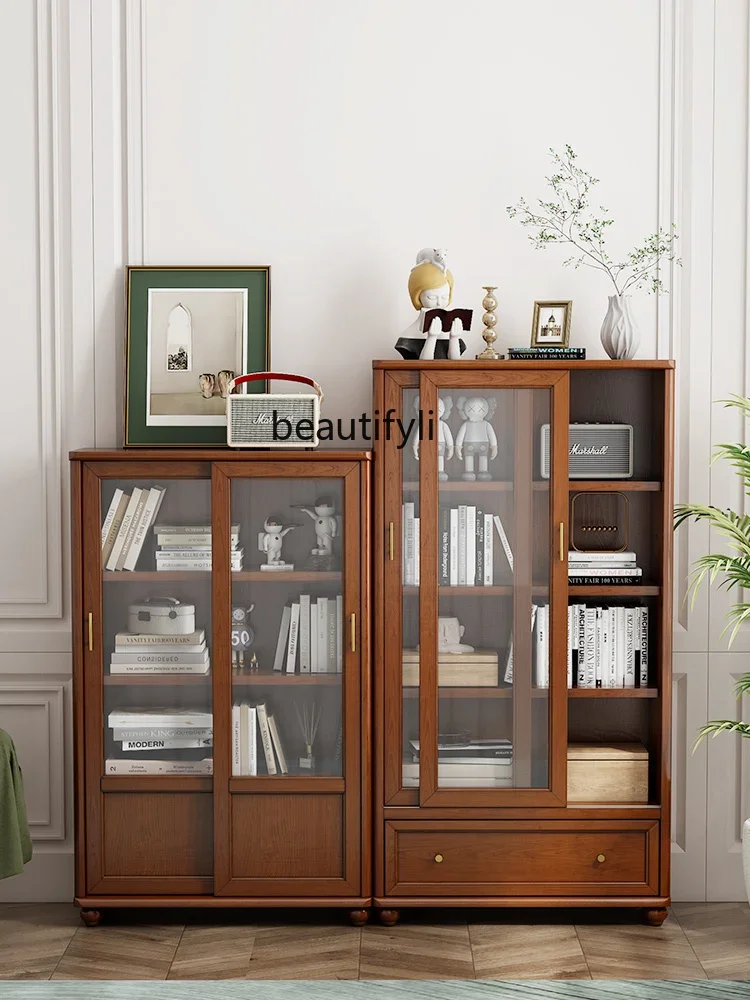 

yj21 American-Style Solid Wood Floor Storage Cabinet Modern Minimalist with Sliding Door Shelf Display Cabinet