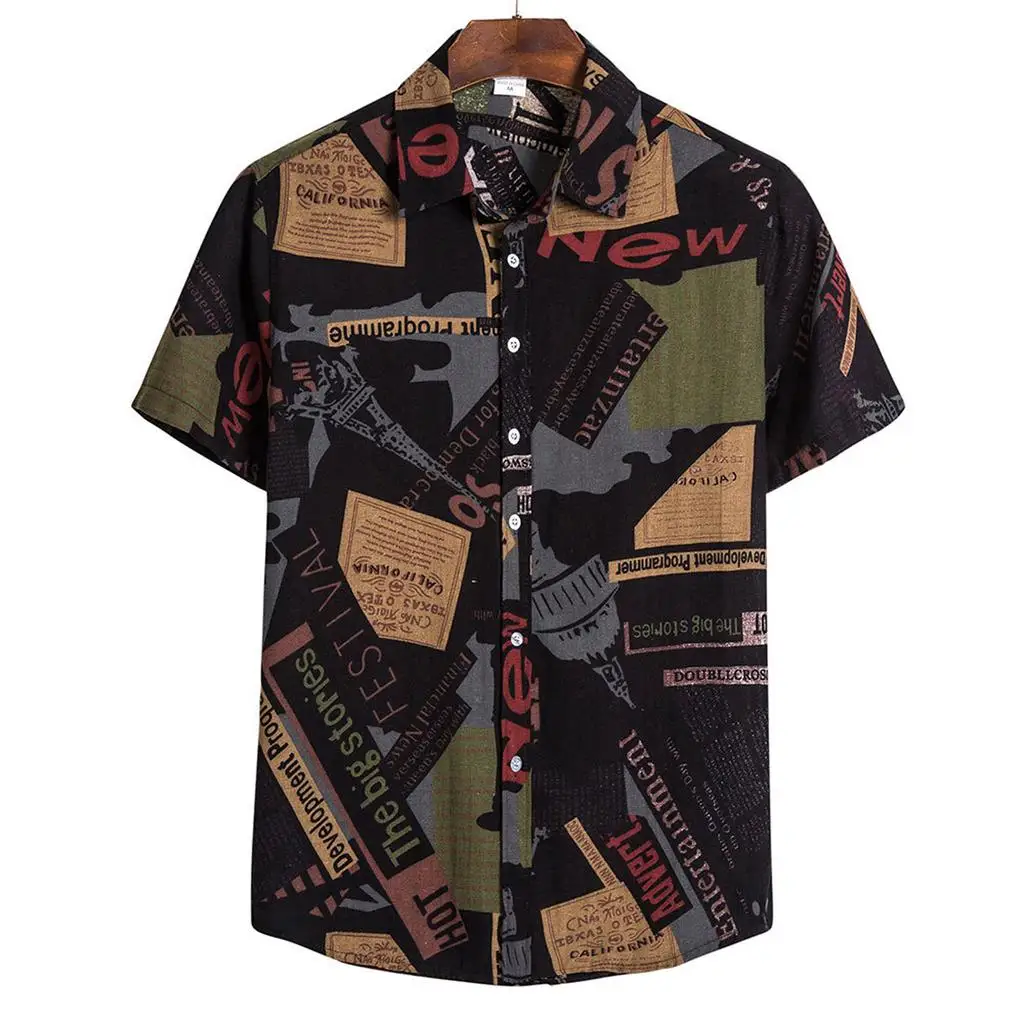 Men's Spring Summer 3D Printed Lapel Button Down Shirt, Black Base Vintage Newspaper Landmark Letter Collage Print Casual Tee