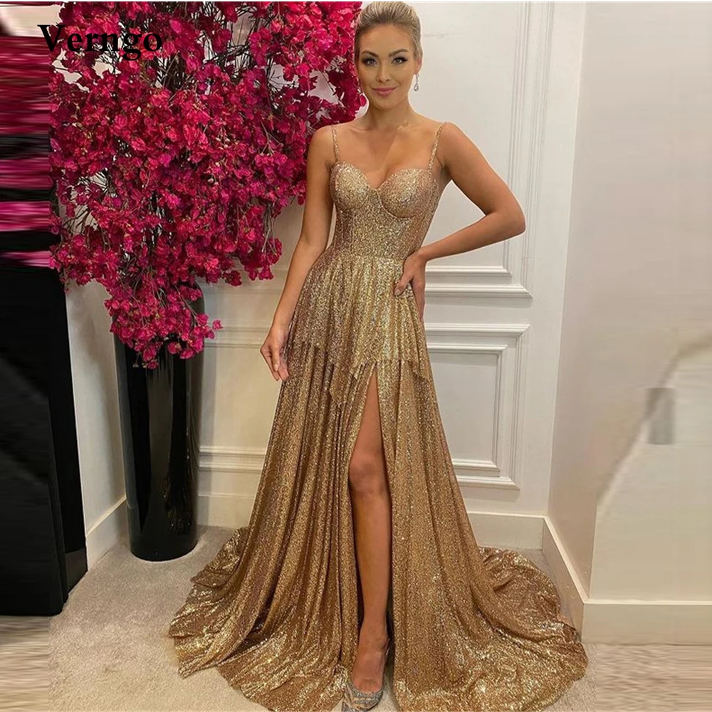 

Verngo Glitter Champagne Long Prom Evening Dresses Spaghetti Straps Side Slit Sweep Train Women Special Occasion Dress 2022