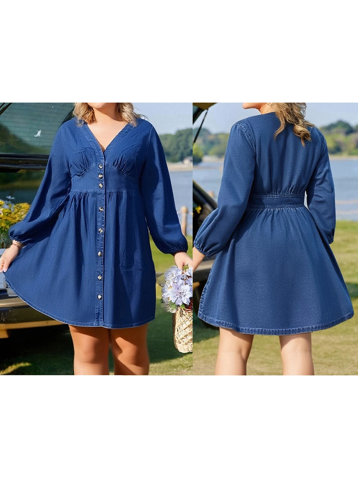 플러스 사이즈 여성 데님 셔츠 드레스, 랜턴 소매, 깊은 V넥, 솔리드 컬러, 풀 버튼 다운 디테일