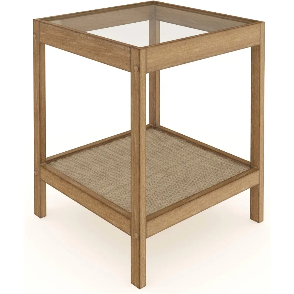 End or Side Table in Light Brown Wood Finish & Glass Top With Open Storage Shelf Solid Wood Nightstand Furniture