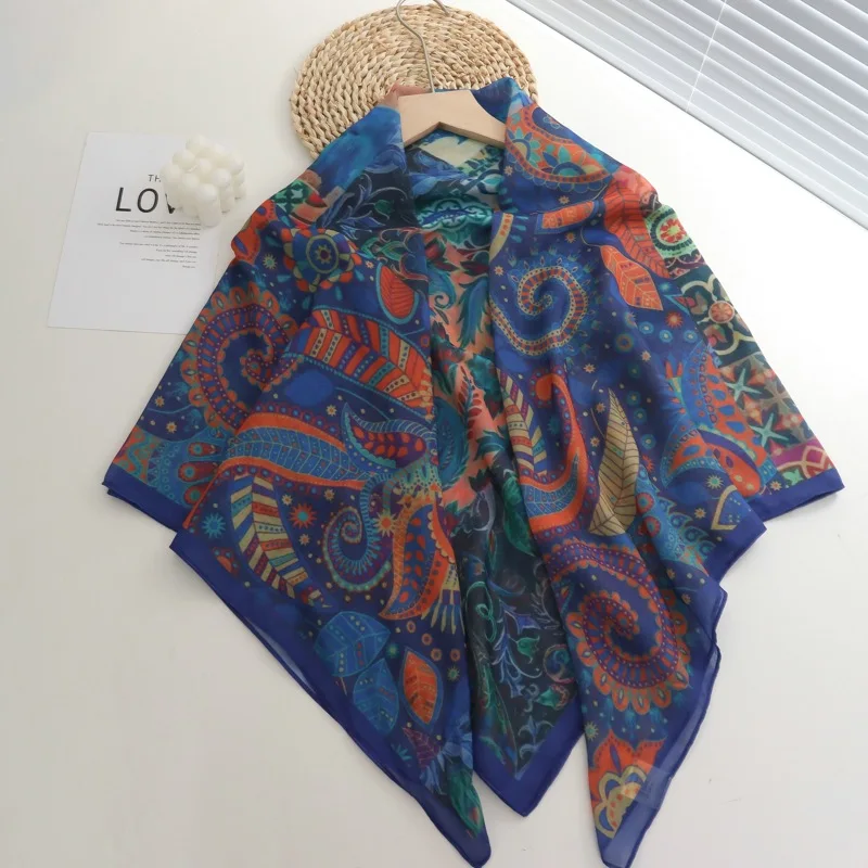 

New Style Academy 110cm Silk Cotton Large Kerchief Elegant All-Match Fashion Artistic Air-Conditioned Room Flower Silk Scarf