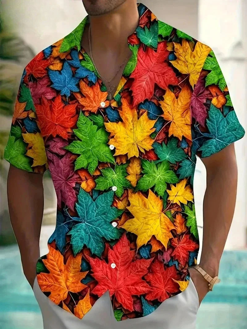 Men Colorful Autumn Maple Leaf Print Cuban Collar Short Sleeve Shirt Loose Button Up Summer Vacation Casual Tops