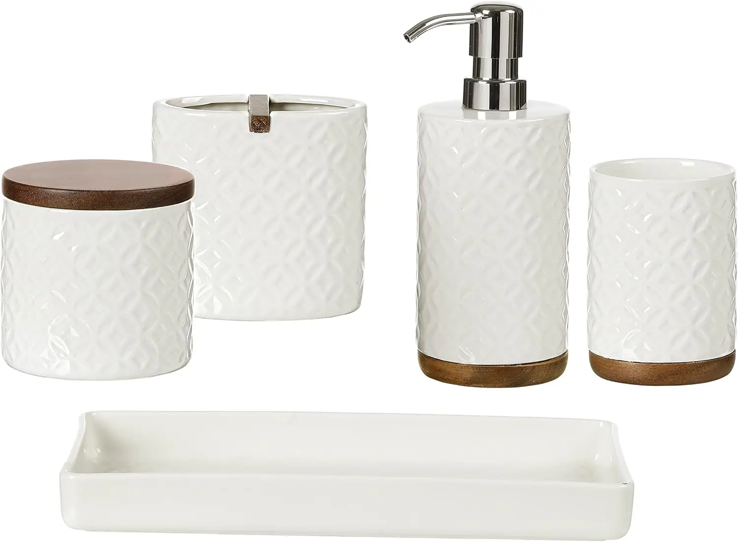 

Bathroom Accessories Set, 5-Piece Ceramic and Wood Bath Accessory Complete Set with Lotion Dispenser/Soap Pump, Cotton Jar, Vani