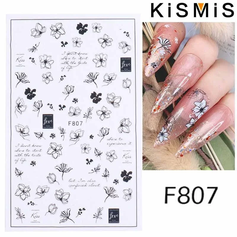 ثلاثية الأبعاد الأسود هندسية زهرة مسمار الفن ملصقات ذاتية اللصق المرأة مانيكير الديكور